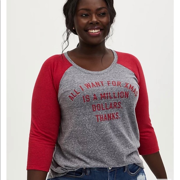 TORRID X-MAS RED & HEATHERED GREY RAGLAN TEE SZ 4